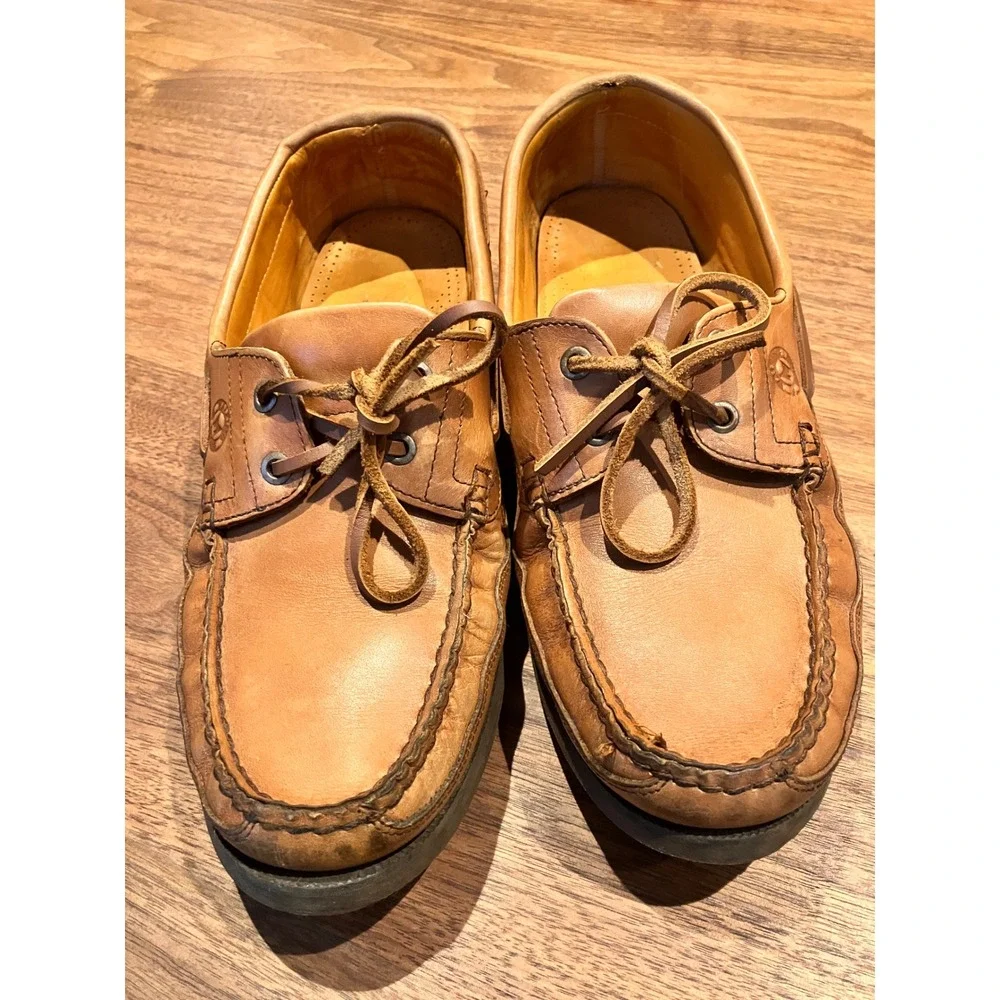 Mephisto Boating Mens Tan Leather Boat Shoes Moc Toe Loafers Size 10 US 9.5 EUR